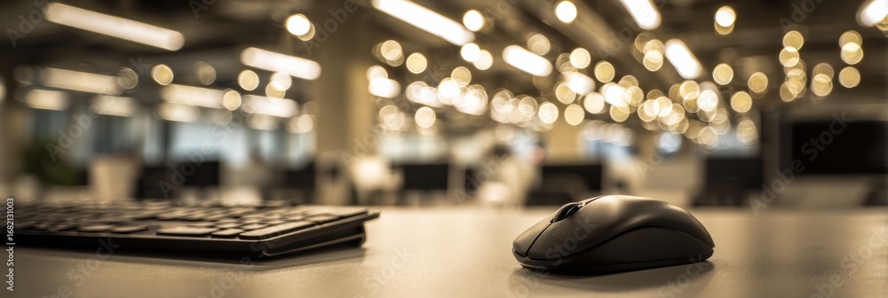 Poster office workspace with computer mouse and keyboard in a modern environment, softly illuminated by war