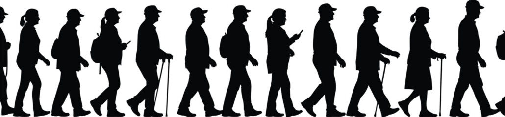 Silhouette people walking in motion, hiking, commuting, using mobile phones, carrying bags, urban lifestyle, black vector illustration isolated