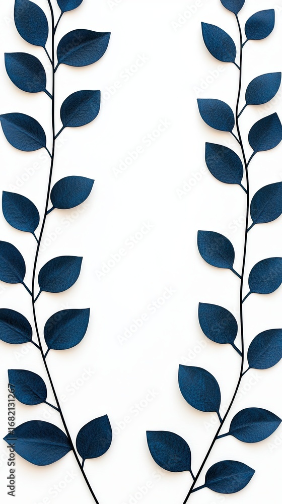 Poster flowing overlapping handmade leafy a delicate arrangement of blue leaves on a white background, perf