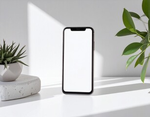 Minimalist Mobile Phone Mockup with Green Plants on Desk