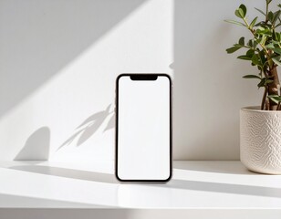 Modern smartphone with a blank screen displayed on a white surface with a plant and natural light casting shadows