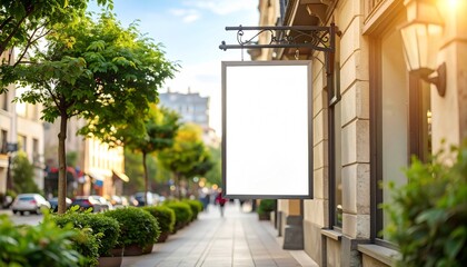 Blank vertical outdoor signboard on a sunlit European city street, an ideal template for a store or restaurant logo mockup