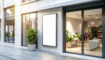 Modern retail storefront with a blank digital screen and lush green plants outside a contemporary building