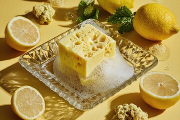 Yellow cheese-like soap in a glass dish, surrounded by lemons and other citrus elements