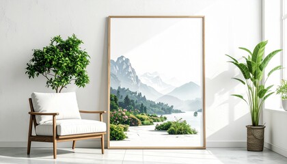 A serene living space showcasing a large framed art piece of a mountain fjord next to a comfortable armchair and green plants