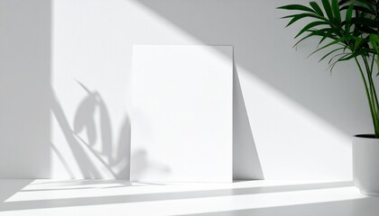 Blank White Poster Leaning Against a Sunlit Wall with Shadow Play and a Potted Plant