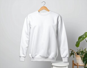 Blank White Sweatshirt Hanging on a Wooden Hanger, Perfect for Design Mockups and Apparel Concepts