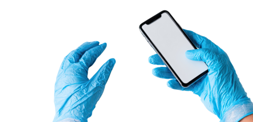 Hands in blue nitrile gloves holding a smartphone