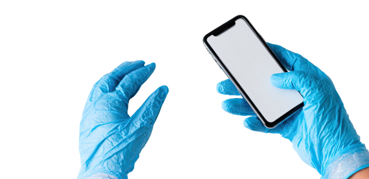 Hands in blue nitrile gloves holding a smartphone