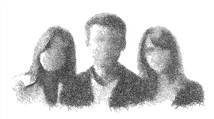 Three people constructed from interwoven lines form a portrait