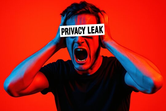Man screaming with privacy leak text over eyes. Use for cybersecurity, identity theft, data breach and online safety campaigns
