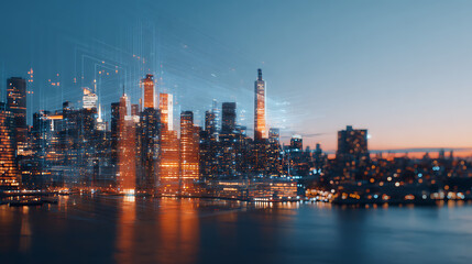 Fototapeta premium futuristic ai interface concept over hudson yards skyline in manhattan, new york with digital technology overlay and modern cityscape reflection.