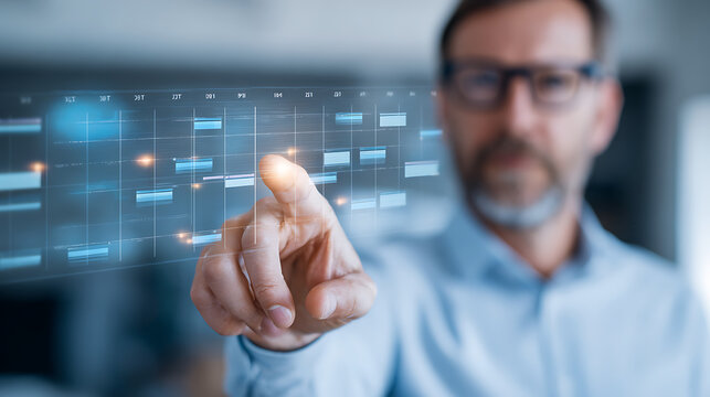businessman using futuristic digital calendar interface for scheduling and task management.