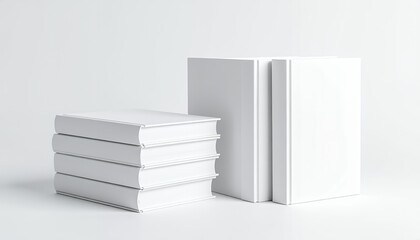 A stack of blank white books and two standing books against a white background.