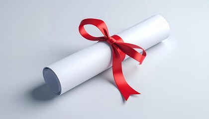 A rolled-up diploma or certificate tied with a red satin ribbon, presented on a clean, light gray background.