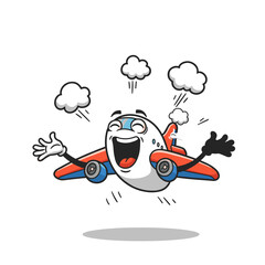 A cheerful white cartoon airplane with expressive eyes and red wings flies joyfully among clouds, arms raised in excitement, captured mid-motion with a vibrant, whimsical vibe.