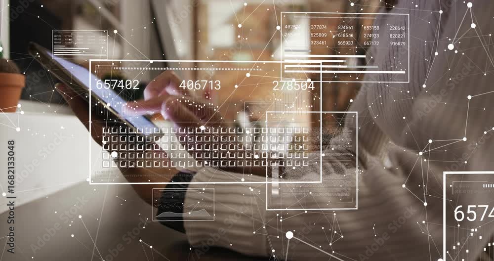 Poster Seated woman bringing tablet and tapping screen in data analysis interface updating numeric panels