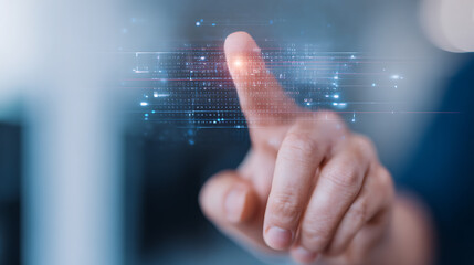 digital kyc verification with hand interacting on holographic interface.