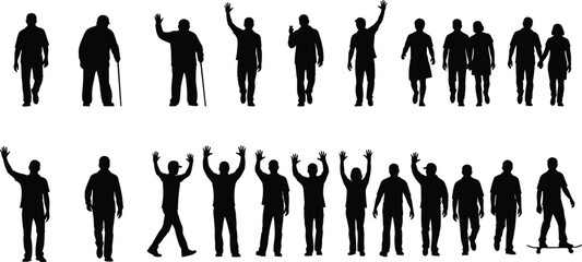 Silhouettes of people in varied poses and gestures including walking, standing, raising hands, and interaction on white background vector © Mim's World