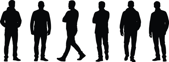 Silhouettes of six men in different walking and standing poses, showcasing posture, clothing style, and gesture on white background vector