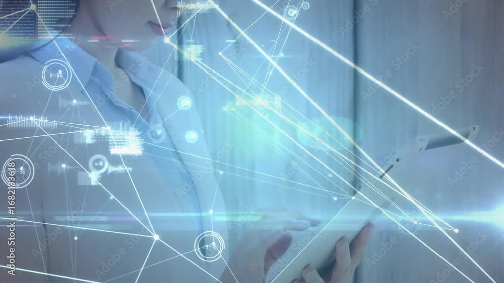 Poster woman tapping tablet screen and exploring live business data with animated charts