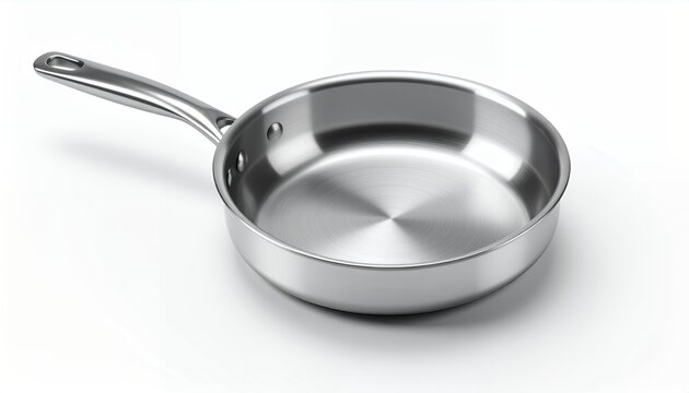 A shiny, new stainless steel frying pan with a long handle, isolated on a clean white background.