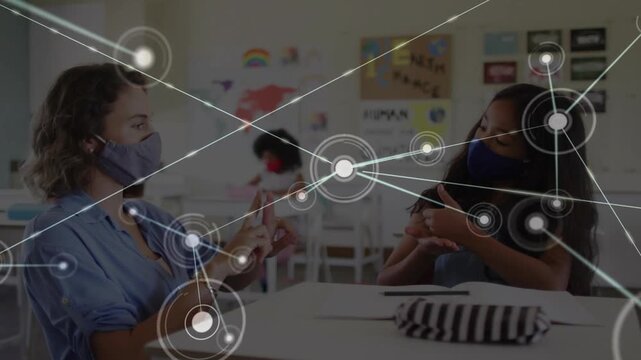 Teacher raising hands and student mimicking hand gestures in classroom while node network growing