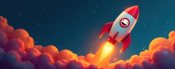 Smiling rocket with flames, prepared for flight, simple design , line art, vector