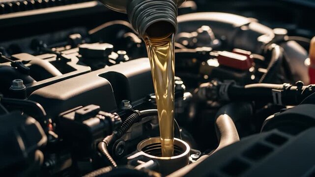 Pouring Fresh Golden Engine Oil into a Car for Essential Vehicle Maintenance and Performance