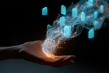 Hand holding digital files, emanating light