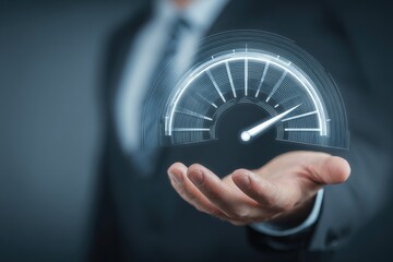 Businessman holds a digital speedometer in his hand