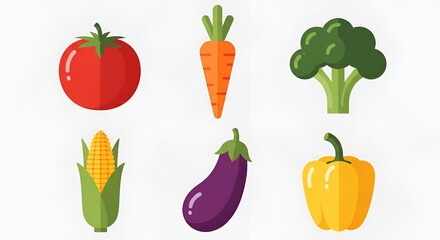 A vibrant collection of fresh vegetable illustrations presented in a modern flat icon style for healthy eating and nutrition concepts