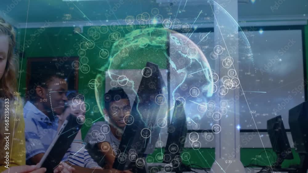 Poster teenage girl picking up tablet sparking talk while peers coding in lab under digital globe overlay