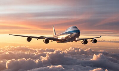 Obraz premium Large jet plane soars above fluffy clouds at sunset