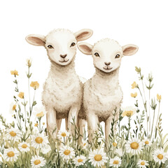 Cute Lambs Green Meadow, watercolor vector, isolated on a white background.