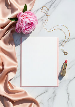 Luxury feminine flat lay mockup with blank card on marble