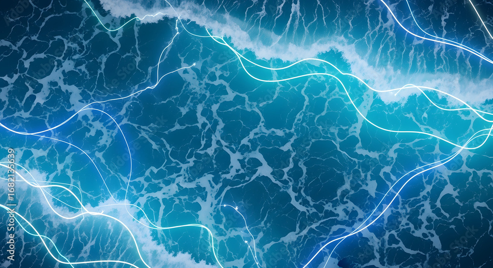 Poster abstract aerial view of ocean water with white foam and glowing blue lines overlayed, creating a dyn