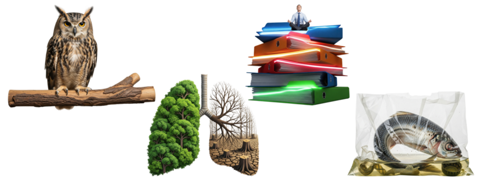 Collage of conceptual images about environmental issues, pollution, and business balance.