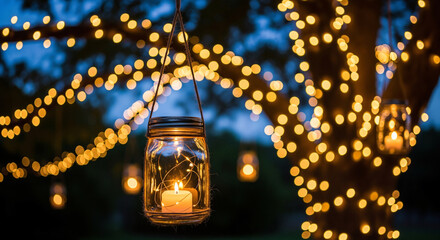 Romantic mason jar candle lantern hanging in a tree with lights