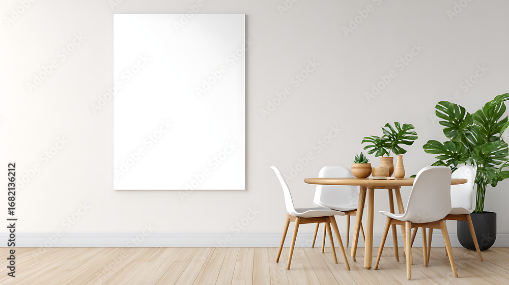 Poster minimalist dining area with a blank wall for mockup or copy space. 3d rendering