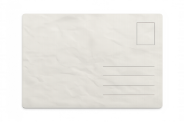 Crumpled white postcard with space for text and address, isolated on transparent background, perfect for travel and communication projects