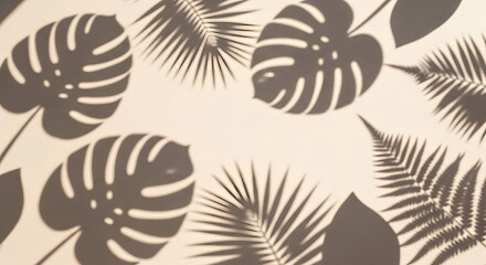 Fototapeta premium Shadows of tropical leaves, including Monstera and palm fronds, are cast on a light beige surface, creating a natural, textured background.