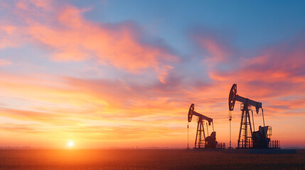 working pumpjacks on sunrise. silhouette of oil pump jack on rig. oil drilling company growth. financial and commodity markets. ai generative.