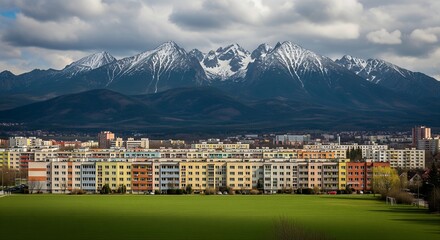 Apartment buildings with snow-capped mountains in the background