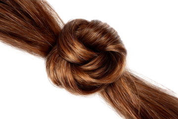 Close-up of a tightly knotted strand of brown hair