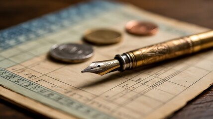 Antique Gold Fountain Pen on Vintage Ledger with Coins: Financial Accounting Concept.