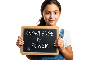 Smiling girl holding a chalkboard with the inspirational quote Knowledge is Power.