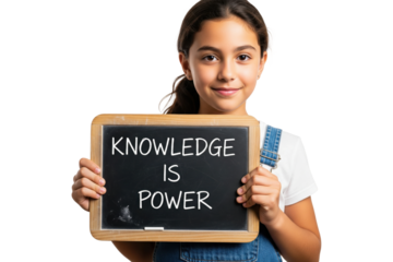 Smiling girl holding a chalkboard with the inspirational quote Knowledge is Power.