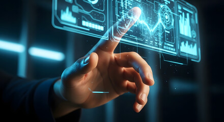 A person's finger interacts with a glowing digital interface, displaying data visualizations.