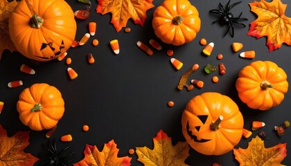 Halloween arrangement featuring small pumpkins with carved faces, maple leaves, candy corn, spiders scattered across a dark background